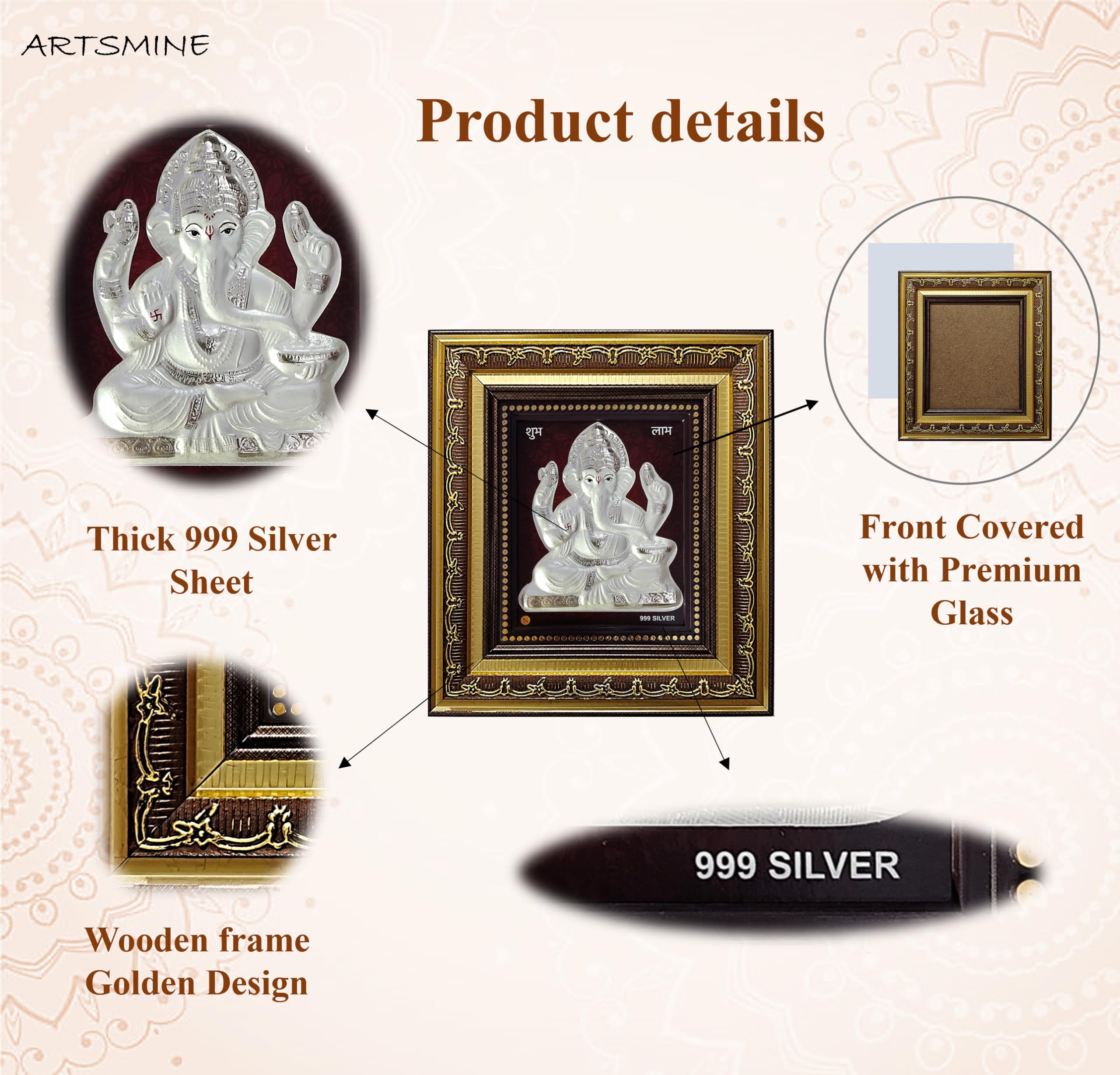 Artsmine 999 Silver Ganesh Rectangular Frame | Pooja Room Diwali Corporate Gift | Size H*L - 22 * 20 Cm | Wall Mount Ganesh Phot